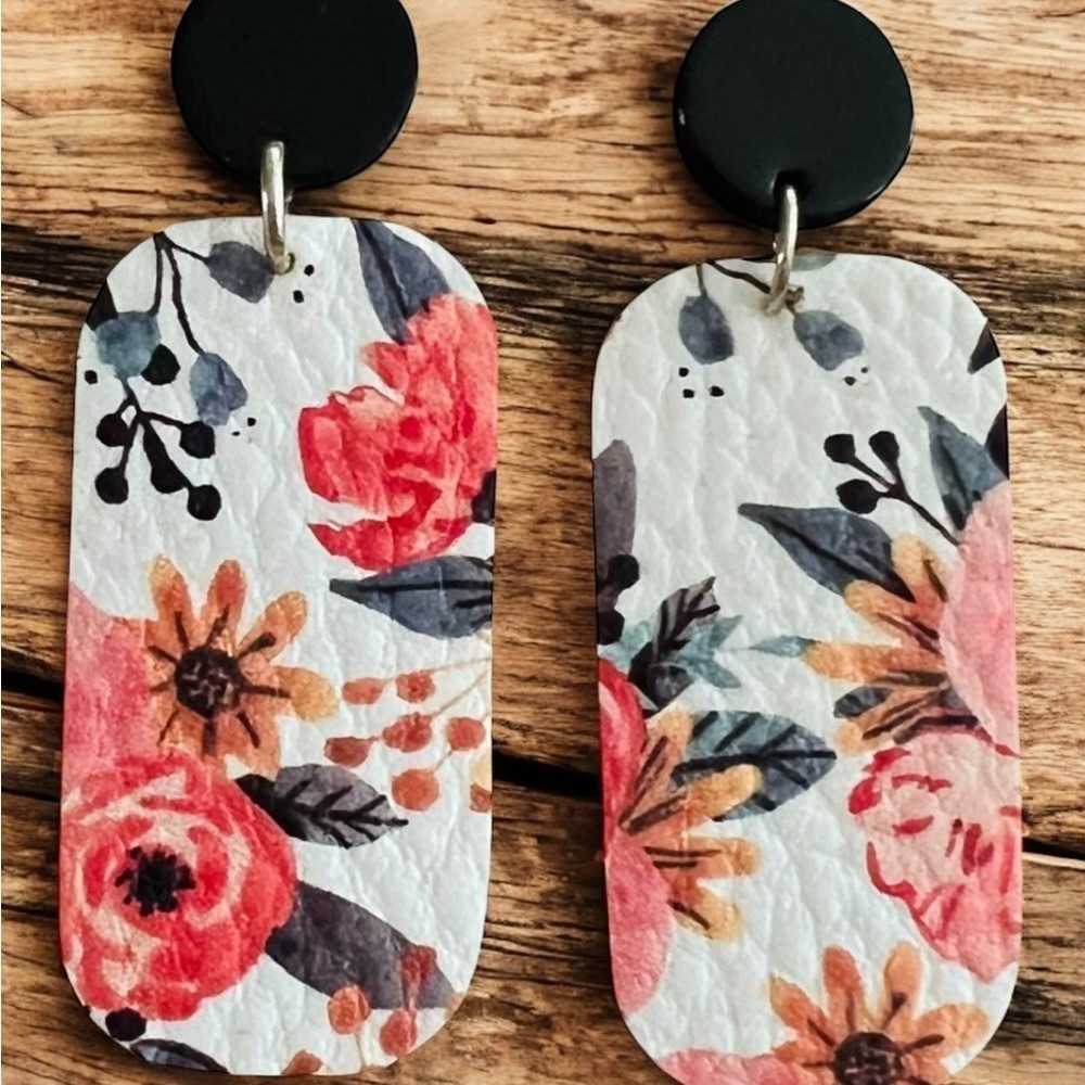 Floral Patterned Earrings with Black Stud Piece 1.5”